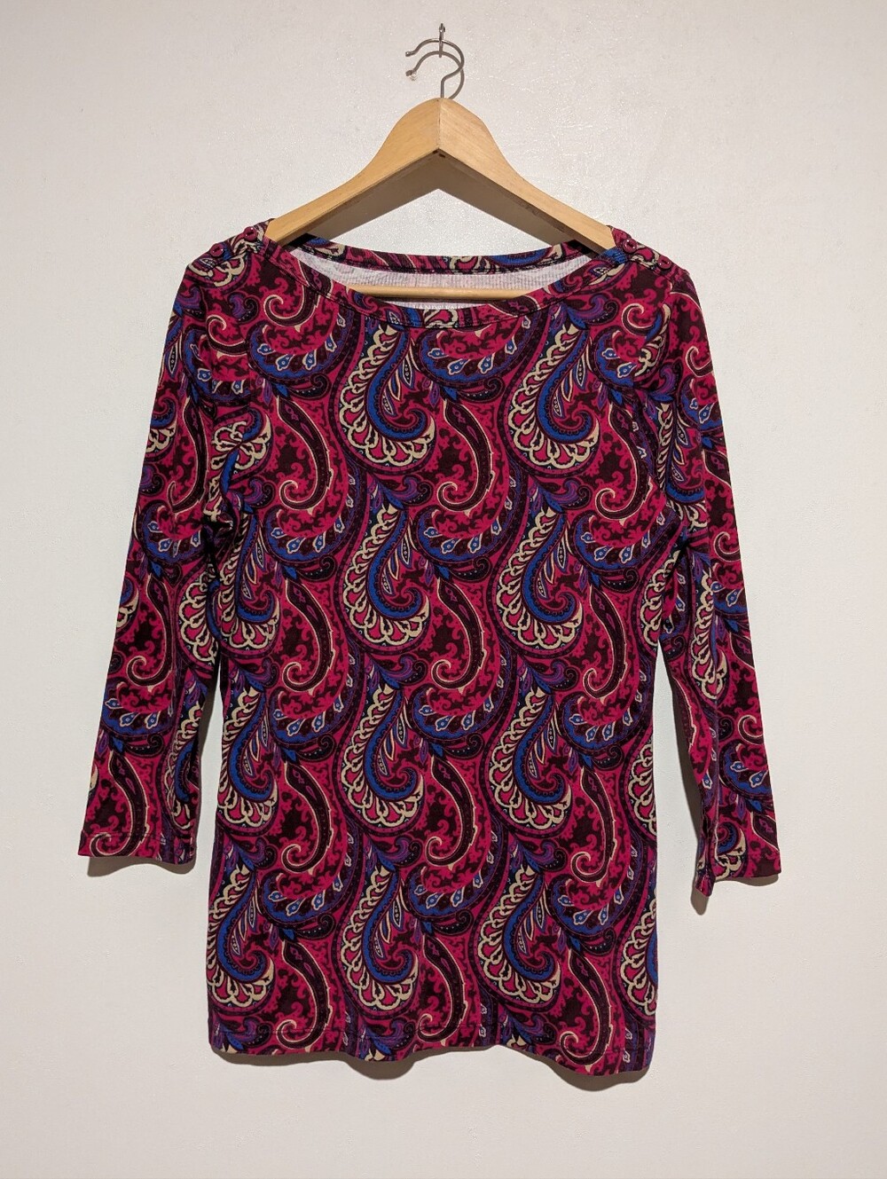 Lands End Cotton Knit Paisley Top Button Trim S Tall ST 3/4 Sleeve